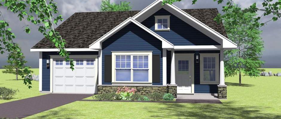 A rendered design of a house with dark blue exterior walls